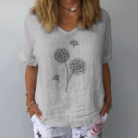 Lato na co dzień z kwiatowym nadruk lniana bawełniana bluzka kobiety elegancki V Neck koszulka z krótkim rękawkiem bluzka w rozmiarze Plus Size bluzki damskie-modne i eleganckie Streetwear 3XL 2